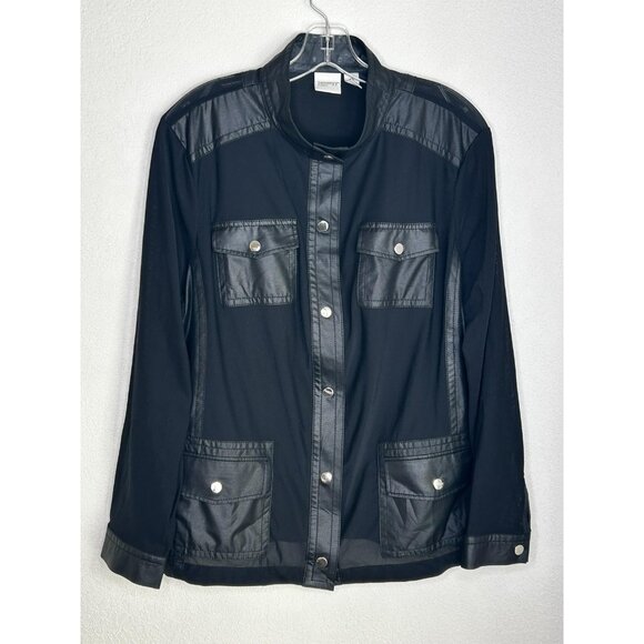 Chico's Zenergy Jacket 3 Womens XL Black Mesh Faux Leather Trim Snap Pockets - Picture 1 of 12